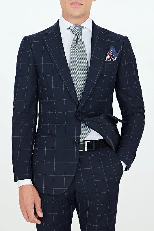 men's tailored dinner suits -2 Piece Navy Blue Business Casual Notch Lapel Plaid Men Suit (Blazer+Pants）