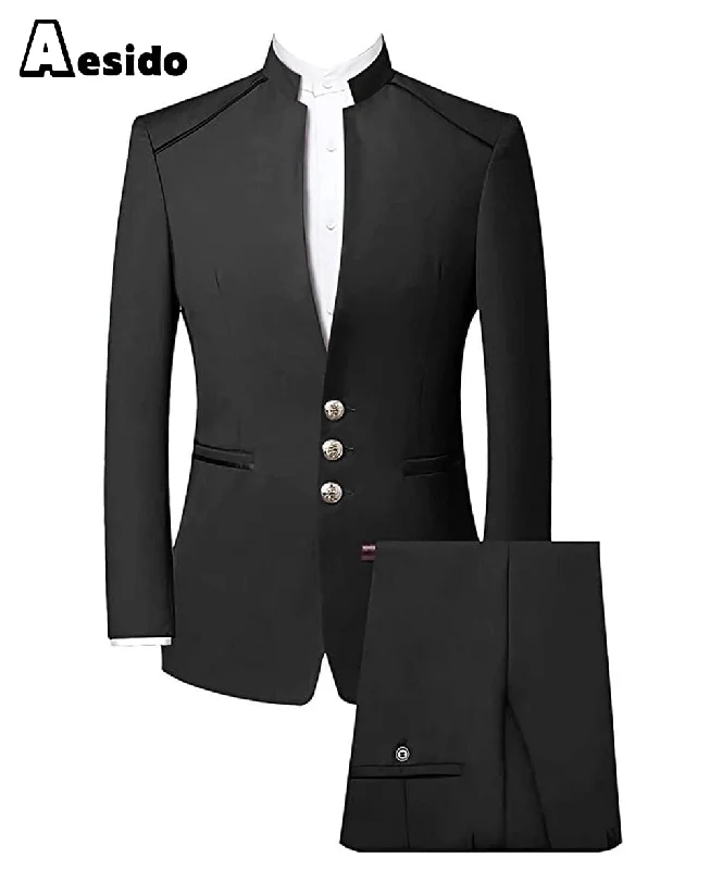 men's summer wedding tuxedo -Fashion Stand Collar Men's 2 Piece Suit/China Costume (Blazer + Pants)