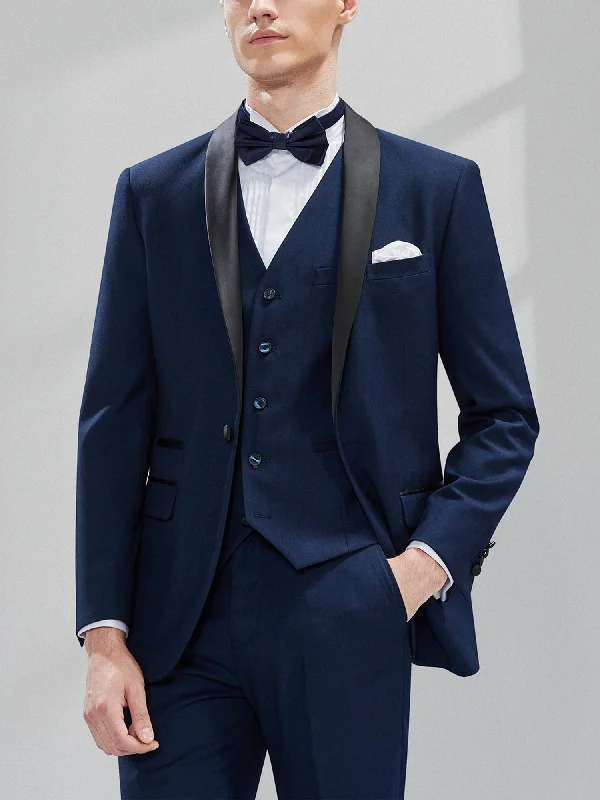 men's navy suit with silver tie -3 Piece Wedding Tuxedo Single Buttons Shawl Lapel Slim Fit Men's Suit (Blazer+Vest+Pants)