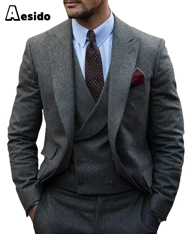 men's grey and navy tuxedo -3 Pieces Mens Herringbone Suit For Wedding (Blazer+Vest+Pants)