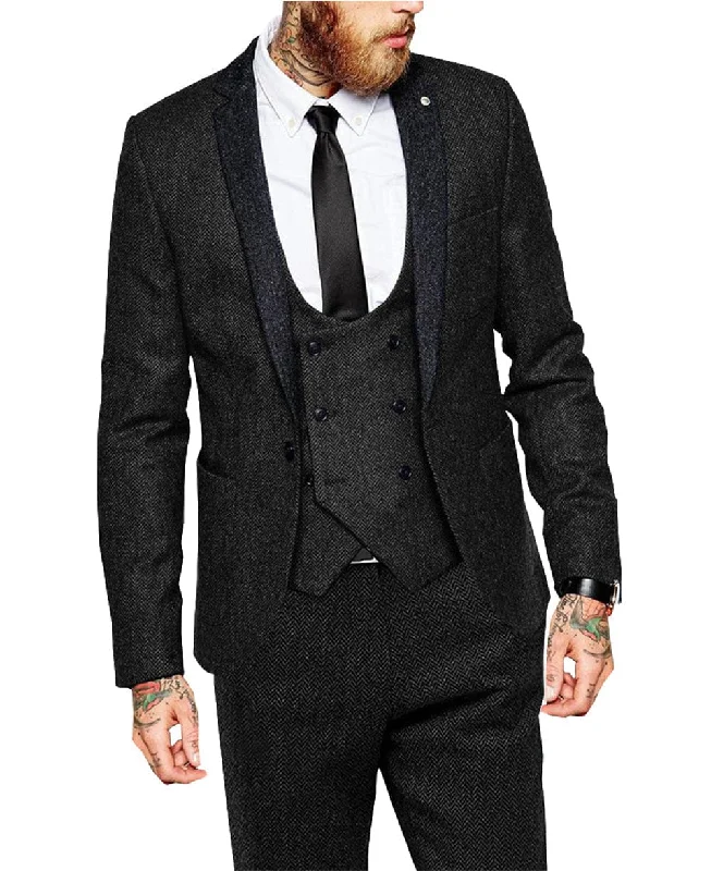 men's black slim tuxedo suit -3 Pieces Mens Suit Herringbone Notch Lapel Blazer For Wedding (Blazer+vest+Pants)