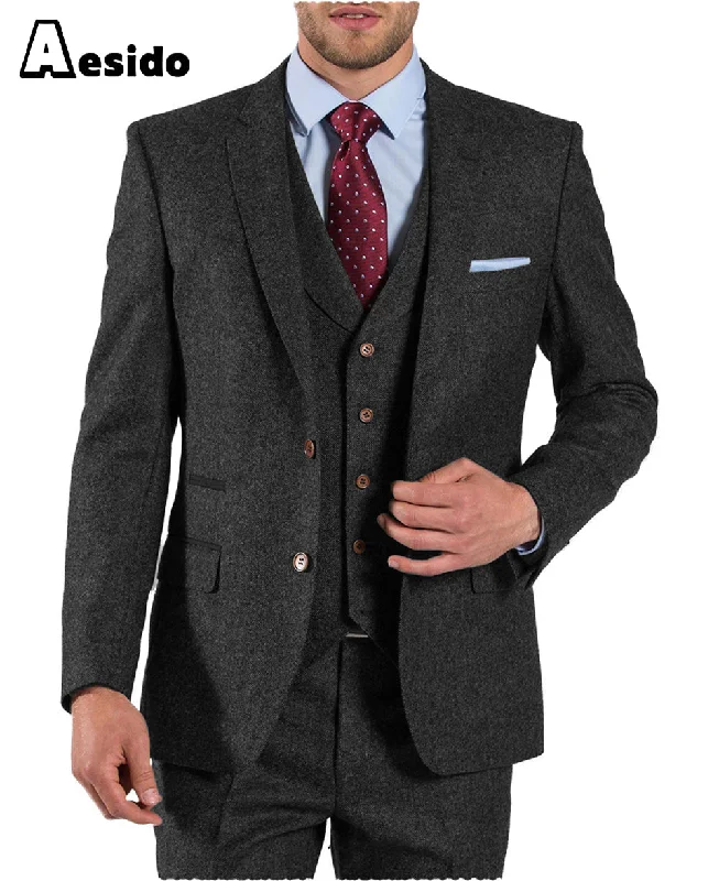 men's elegant grey suit for business -3 Pieces Business Peack Lapel Tweed Men Suit (Blazer+Vest+Pants)