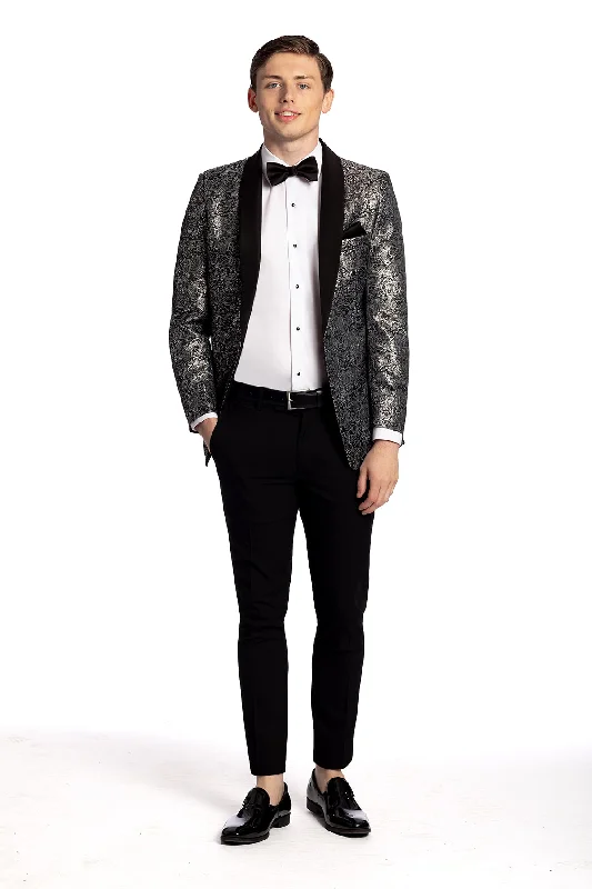 men's slim fit business wedding suit -Aria Paisley Shawl lapel Dinner Jacket Tuxedo Rental In Metallic Silver