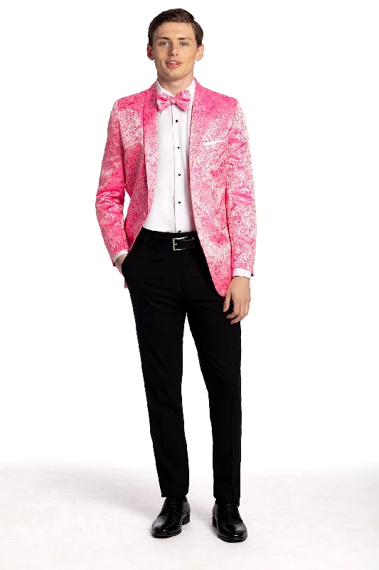 men's tailored tuxedo suit with tie -Aria Paisley Shawl lapel Dinner Jacket Tuxedo Rental In Hot Pink