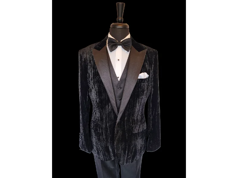 men's tuxedo suit with bowtie -Black Crushed Velvet Peak Lapel Tuxedo Rental