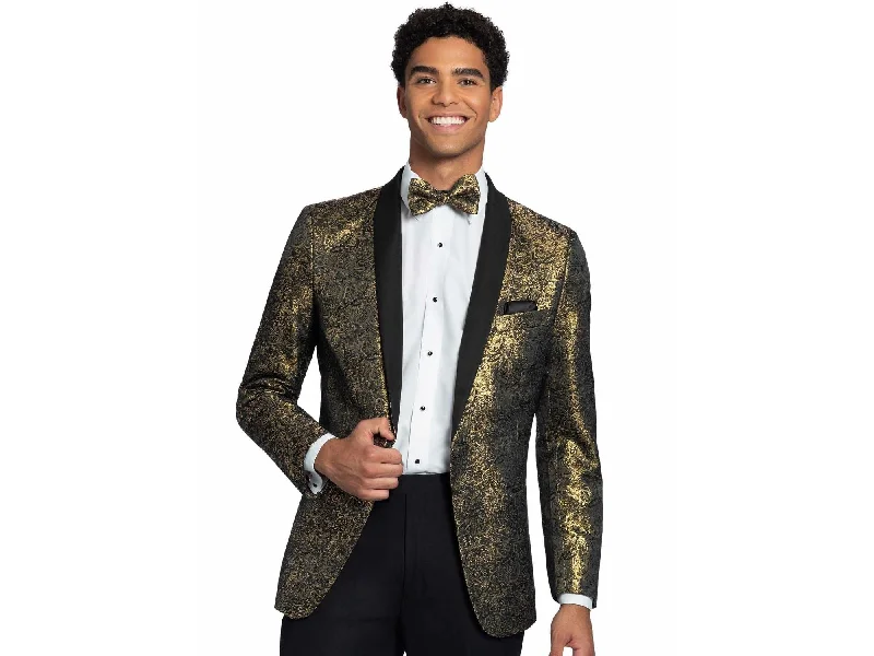 men's business tuxedo jacket with pocket -Aria Paisley Shawl lapel Dinner Jacket Tuxedo Rental In Metallic Gold