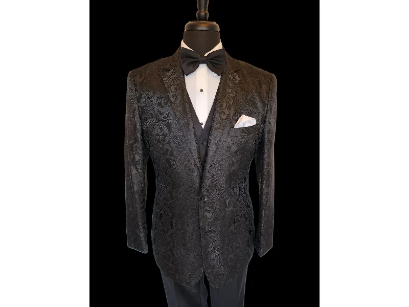 men's wool suit jacket with vest -Black Paisley Tonal Dinner Jacket Tuxedo Rental