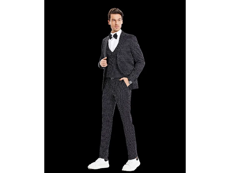 men's black velvet tuxedo -Black With White Dot Tuxedo Rental