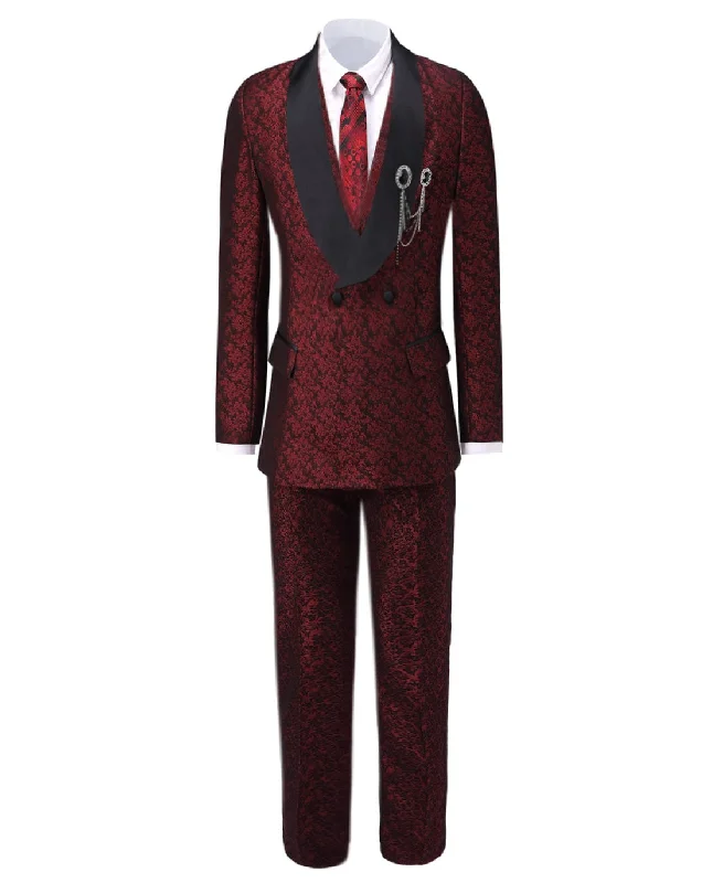 men's formal tuxedo jacket with bow tie -Burgundy Patterned Shawl Lapel 3 Pieces Mens Suit Tuxedos (Blazer+vest+Pants)