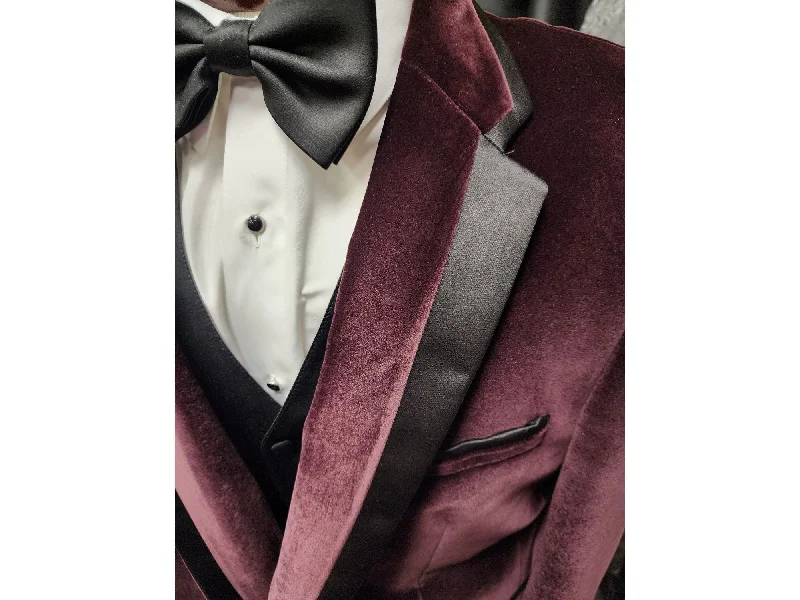 men's tuxedo jacket with satin trim -Burgundy Velvet Notch Lapel Tuxedo Rental