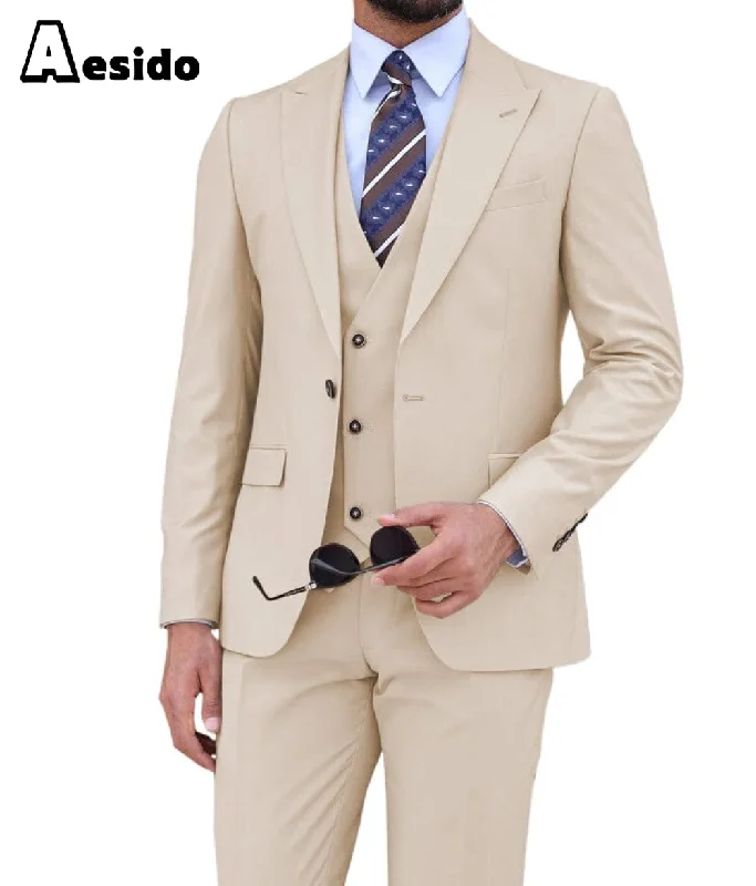 men's luxury grey tuxedo suits -Beige 3 Piece Peak Lapel Men's Suit (Blazer+Vest+Pants)