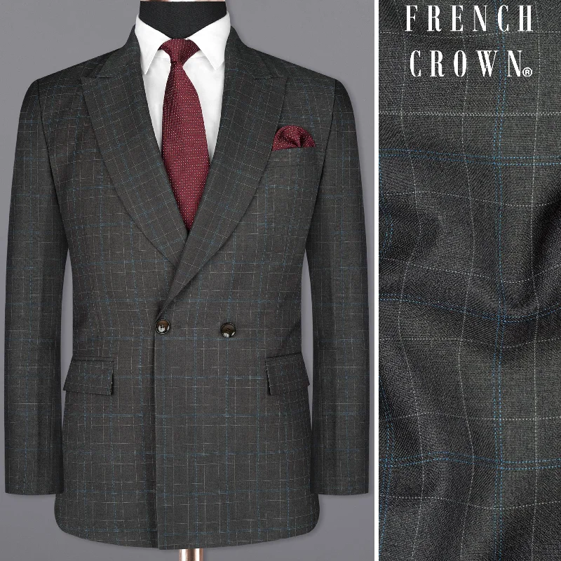 men's charcoal grey tuxedo -Cape Cod Gray Super fine Checkered Double Breasted Wool Rich Blazer