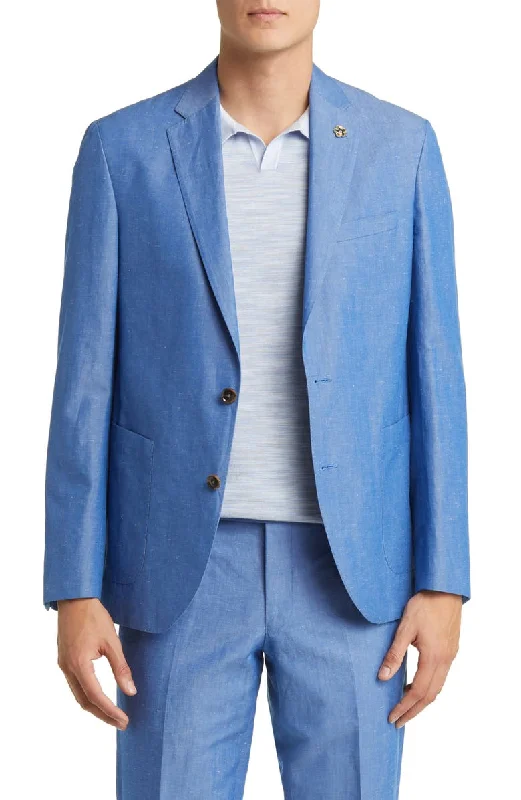 men's slim fit wedding suit -Casual 2 Piece Blue Linen Double Button Men's Suit (Blazer+Pants）