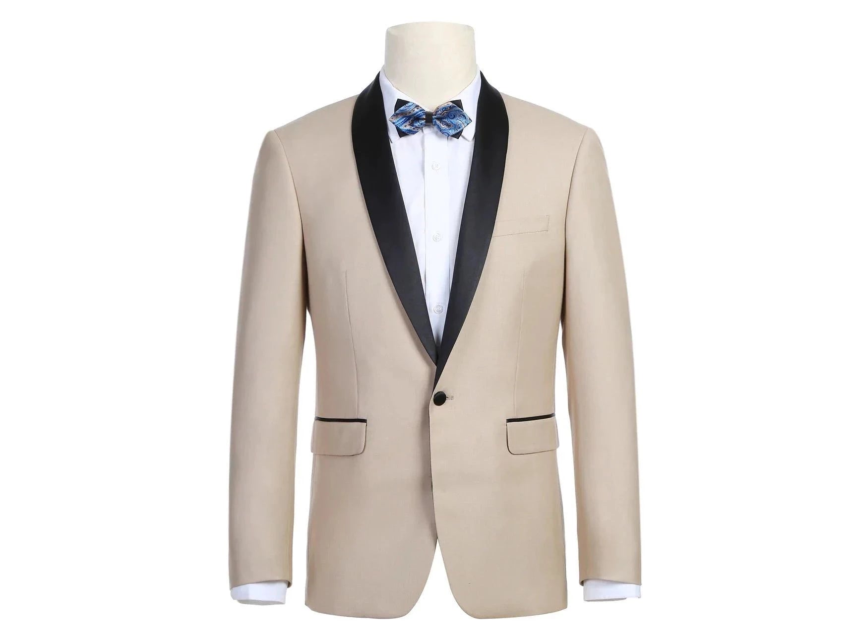 men's grey wool tuxedo for weddings -Champagne With Black Shawl Mandalay Tuxedo Rental