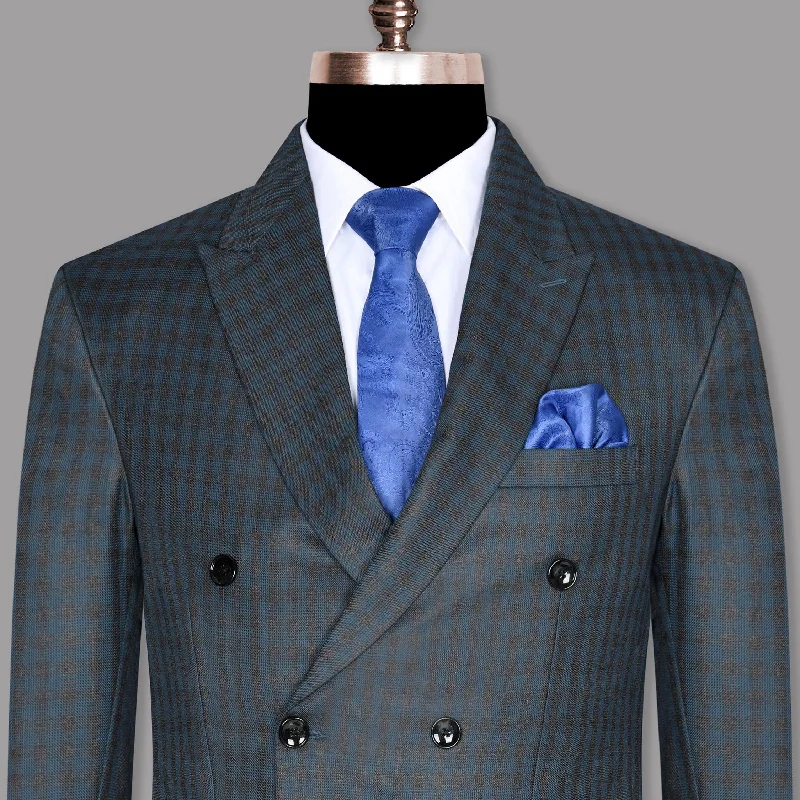 men's summer casual tuxedo suits -Charcoal with Sapphire Blue Checked Wool Blend Double Breasted Blazer