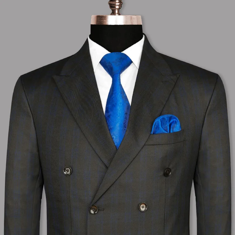 men's winter wool business suit -Charcoal with Subtle Navy Plaid Wool Rich Double Breasted Blazer