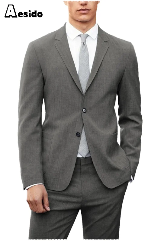 men's grey wool tuxedo suit with tie -Fashion Casual Double Buttons Notch Lapel Men Suit (Blazer+Pants)