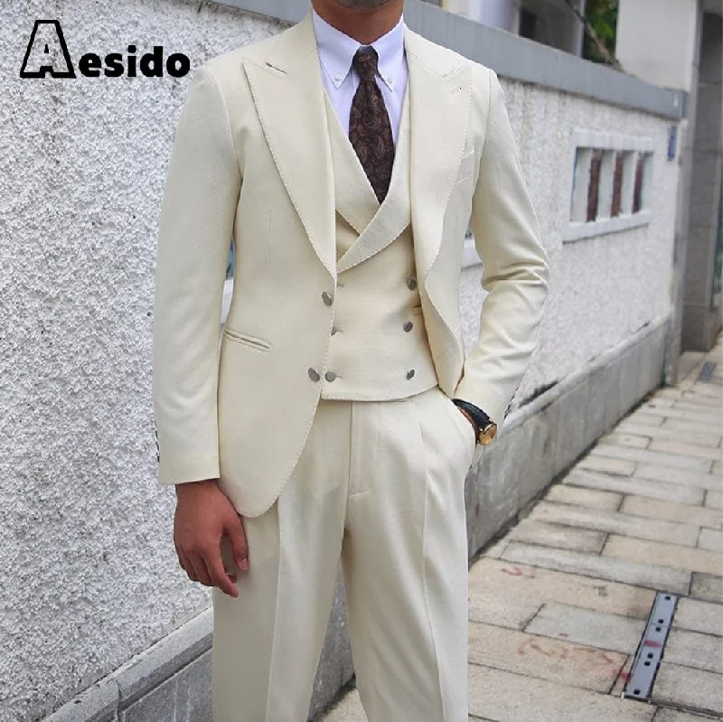 men's brown wool business suit -3 Pieces Peak Lapel Men Suit（Blazer+Vest+Pants）