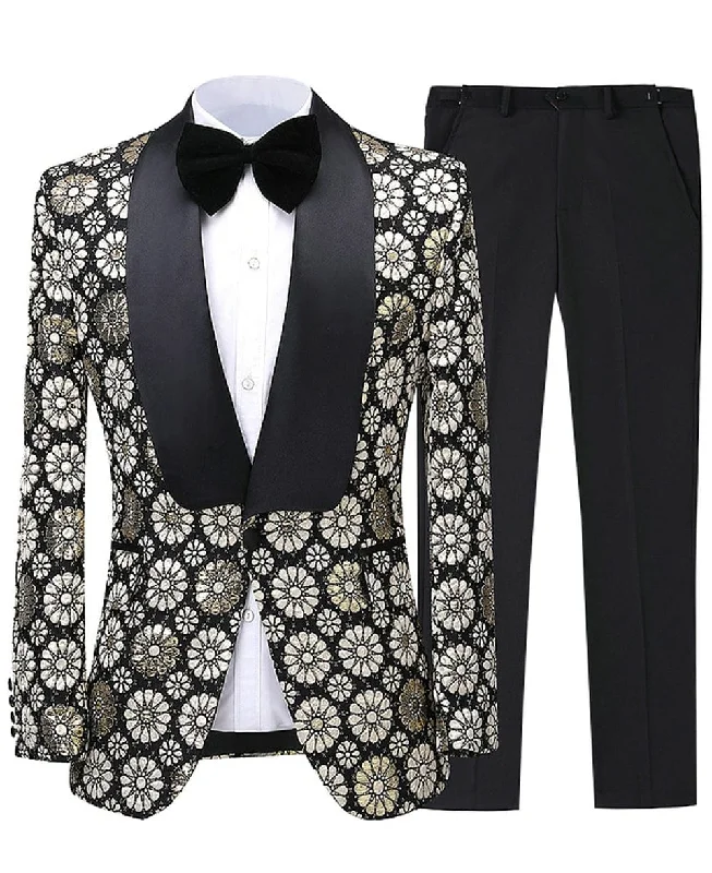 men's black business tuxedo jackets -Flower Patterned Tuxedos Shawl Lapel 2 Pieces Mens Suit (Blazer+Pants)