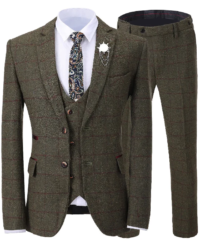 men's wool blend tuxedo jacket -Formal 3 Pieces Tweed Plaid Notch Lapel Mens Suit (Blazer+vest+Pants)