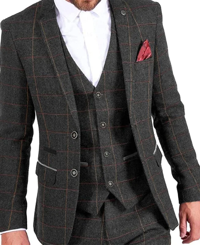 men's grey wool business suit -Formal Plaid 3 Pieces Mens Suit Tuxedos (Blazer+vest+Pants)