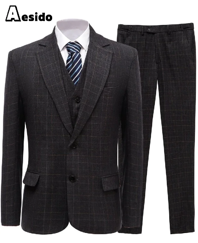 men's luxury black suits -Formal Plaid 3 Pieces Mens Suit Tuxedos (Blazer+vest+Pants)