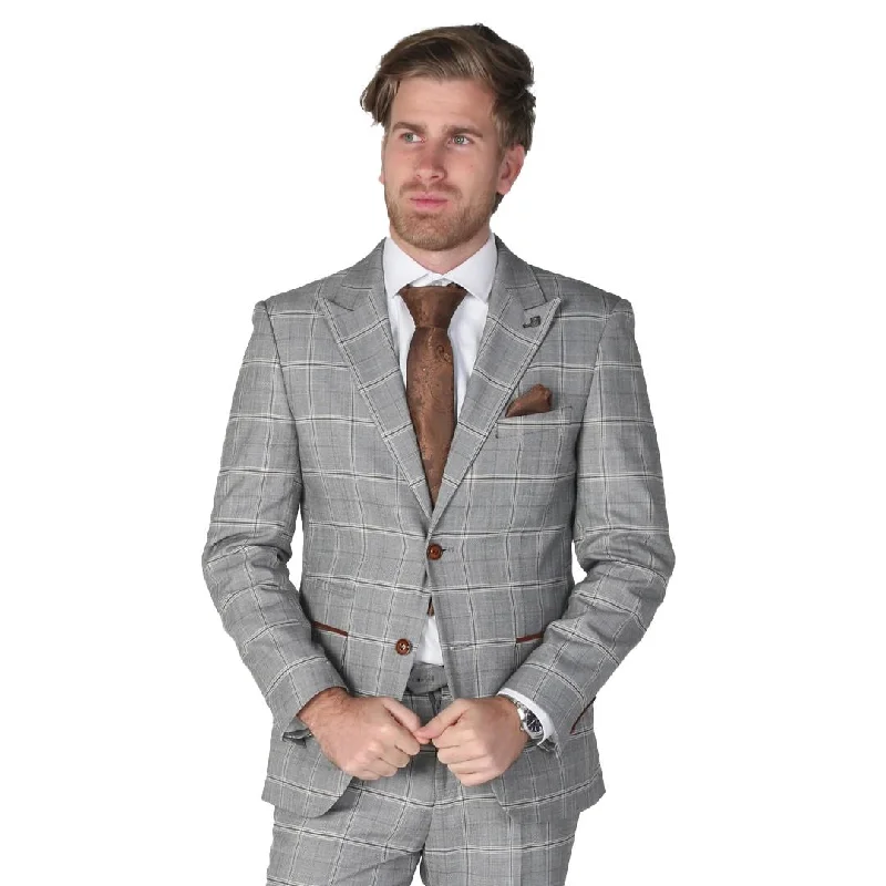 men's grey wool business suit -Francis - Men's Grey Check Blazer Office Wedding