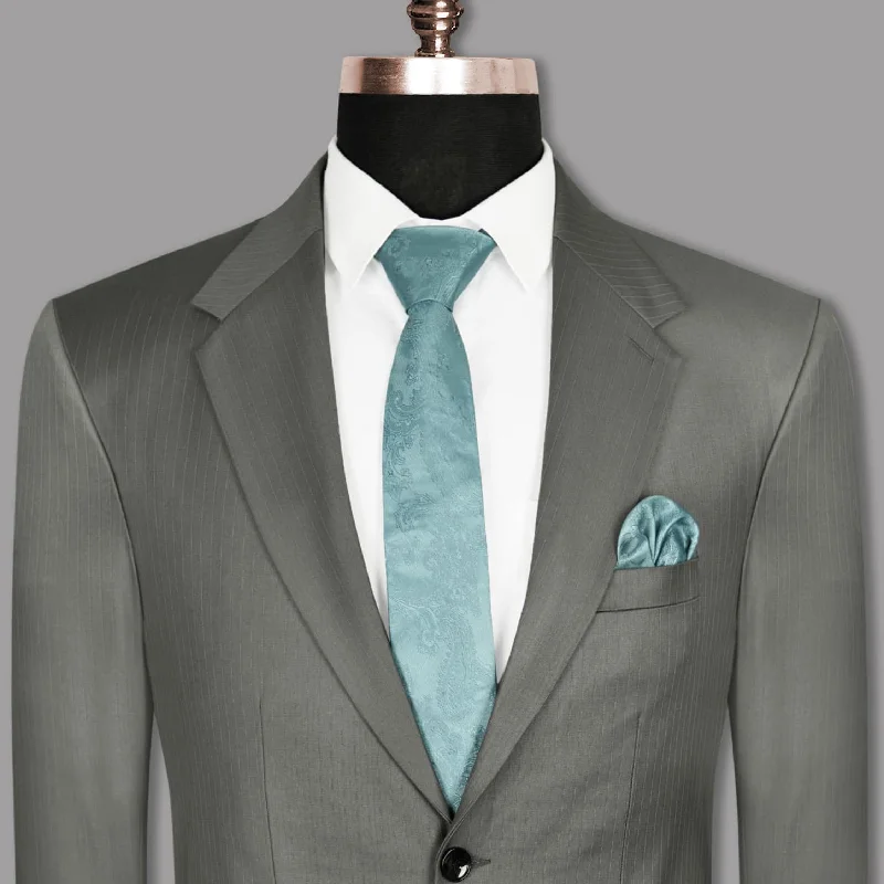 men's slim fit tuxedo with bow tie -Greenish Grey Striped Wool Rich Blazer