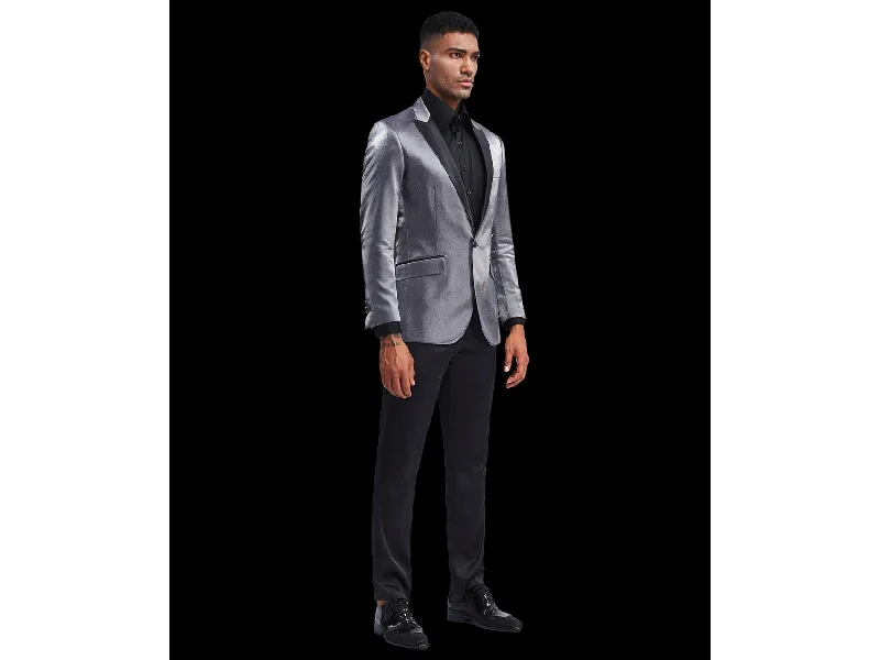 men's office tuxedo suits -Grey Luster Peak Lapel Dinner Jacket Tuxedo Rental