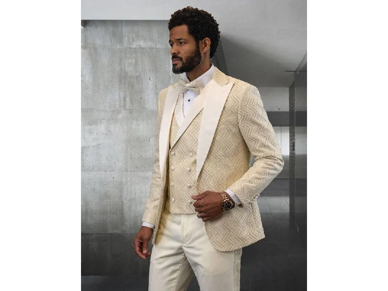 men's custom tuxedo jackets -Ivory Chevron Weave  Peak Lapel Tuxedo Rental