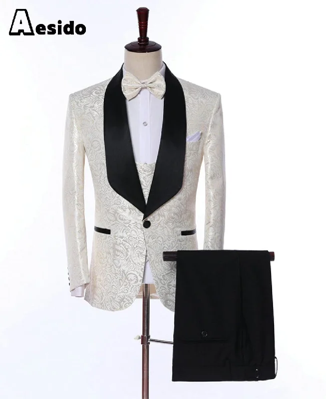 men's formal dress tuxedo suits -Ivory Patterned 2 Pieces Mens Suit Formal Shawl Lapel Tuxedos (Blazer+Vest+Pants)