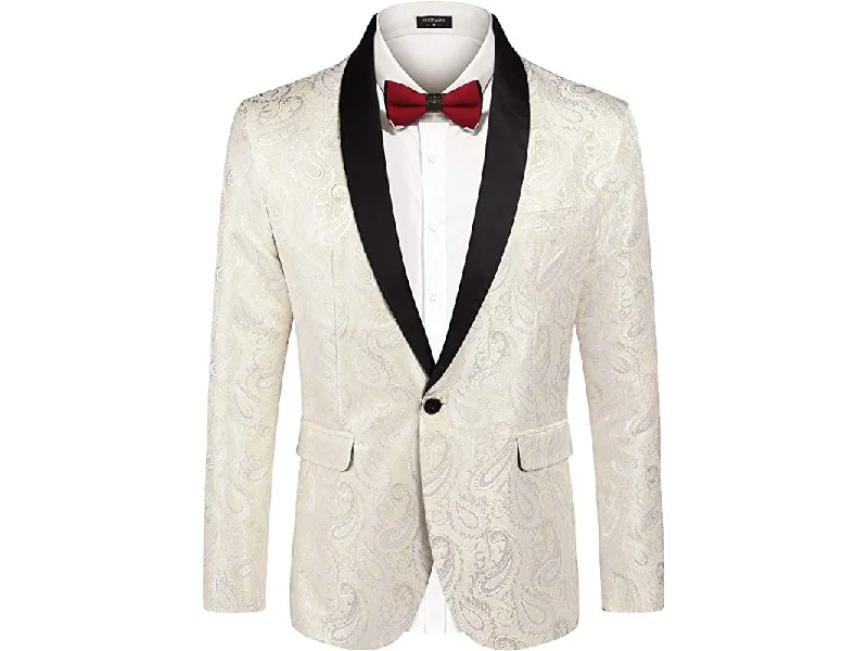 men's formal navy blue tuxedo -Ivory With Paisley Texture & Black Shawl Tuxedo Rental