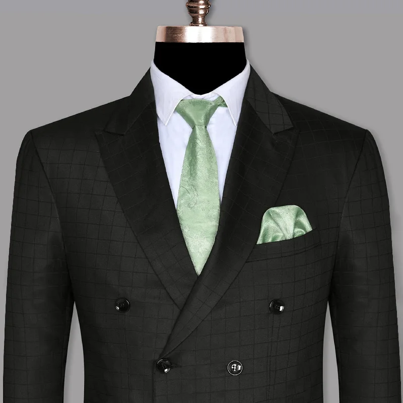 men's tailored grey wool suits -Jade Black tonal windowpane Wool Double Breasted Blazer