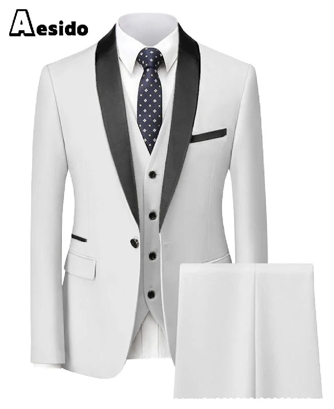 men's black and white tuxedo suits -3 Piece Single Button Closure Shawl Lapel Men's Suit (Blazer+Vest+Pants)