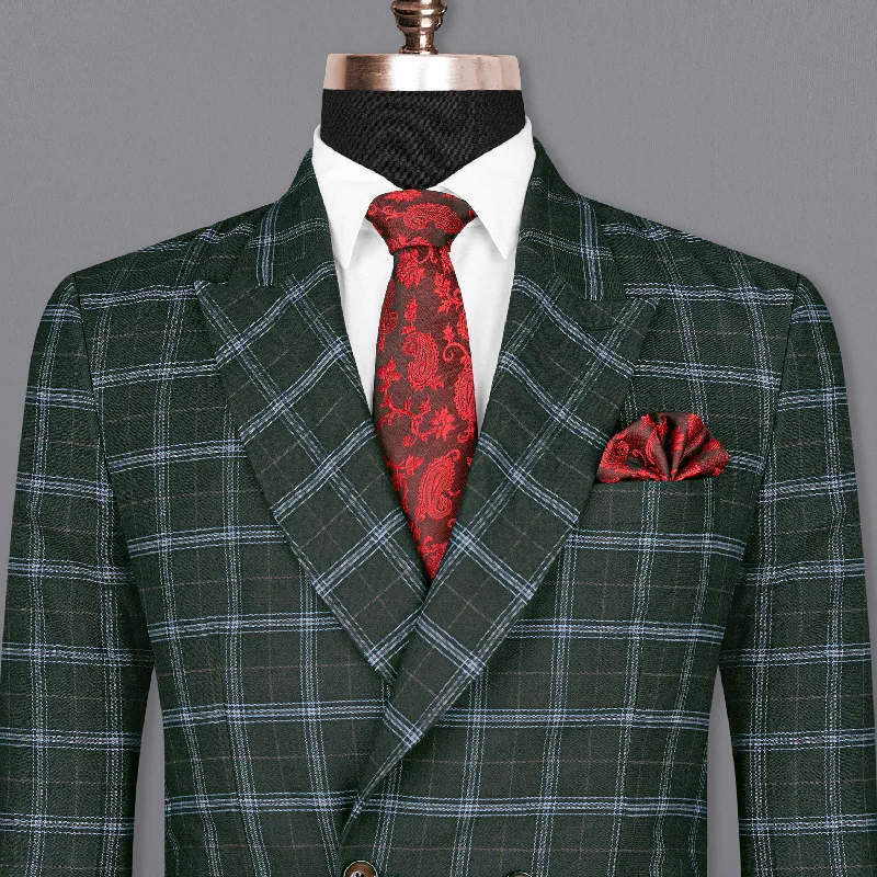 men's checkered navy suit -Log Cabin Green Super fine Windowpane Wool Rich Double Breasted Blazer