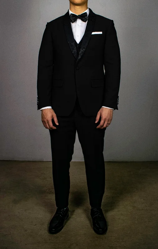 men's double breasted navy suit -Mens Black Tuxedo with Embroidery Lapel