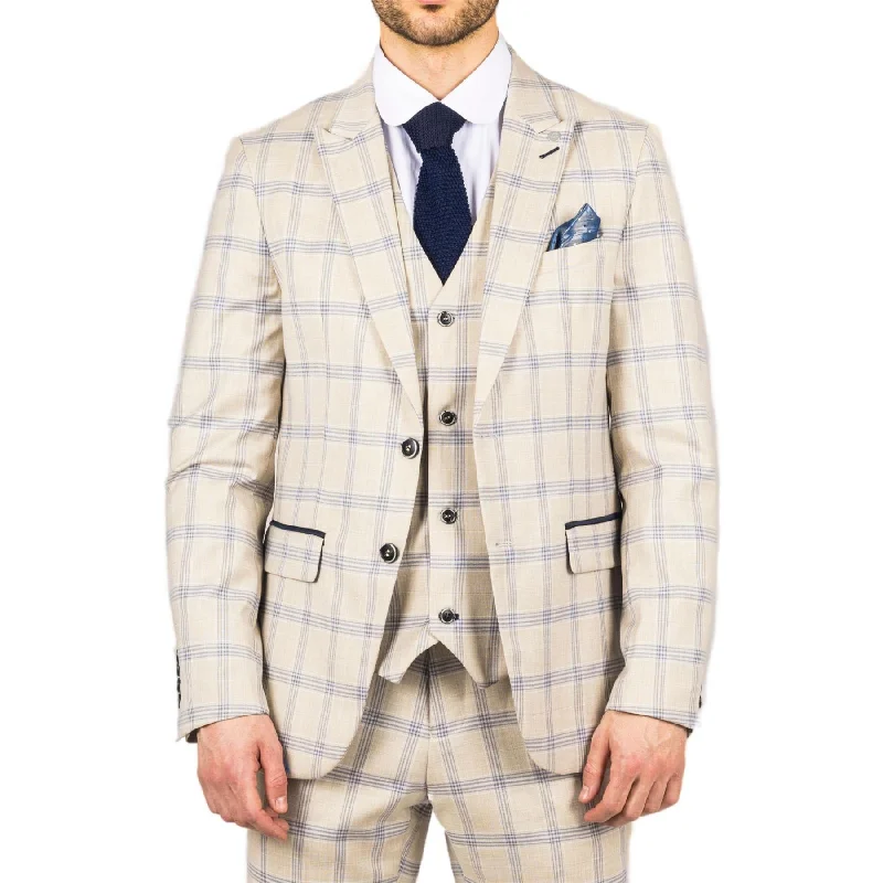 men's casual blue tuxedo for weddings -Men's Blazer Beige Checked Classic Sport Coat Plaid Tailored Fit