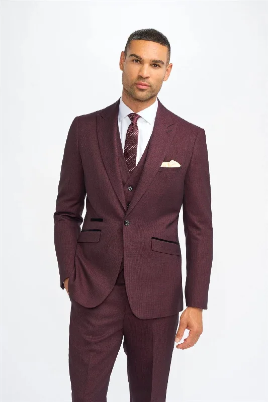 men's three-piece wool suit -Men's Blazer Burgundy Checked Tailored Fit Formal Suit Jacket