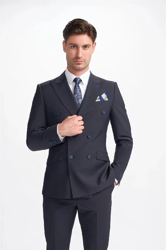 men's tuxedo suit with bowtie -Men's Blazer Dark Navy Double Breasted Tailored Fit Formal Suit Jacket