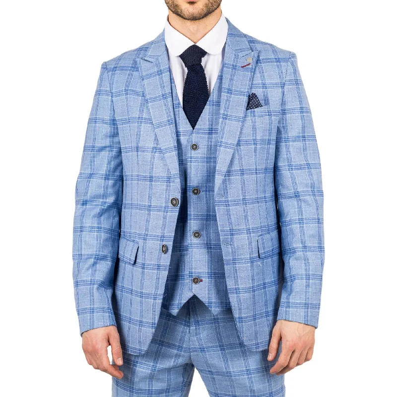 men's wedding tuxedo with pocket watch -Men's Blazer Light Blue Checked Classic Sport Coat Plaid Tailored Fit