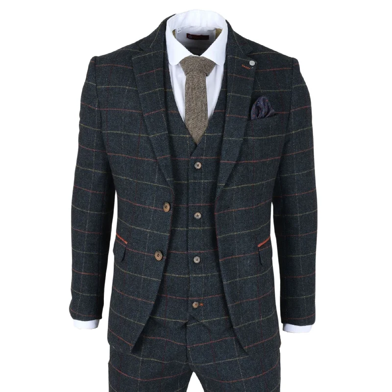 men's casual wool business suits -Men's Blazer Navy Blue Checked Herringbone Tweed Sport Coat Plaid Tailored Fit