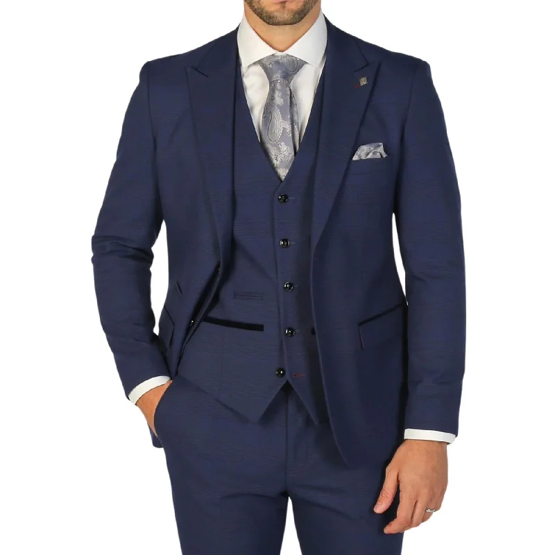 men's formal tuxedo for prom -Men's Blazer Navy Blue Checked Tailored Fit Formal Suit Jacket