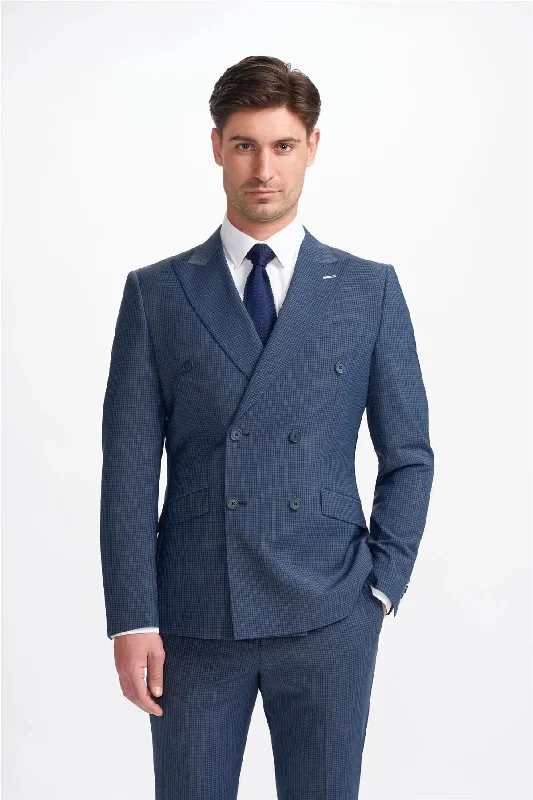 men's navy suit with silver tie -Men's Blazer Navy Check Double Breasted Tailored Fit Formal Suit Jacket