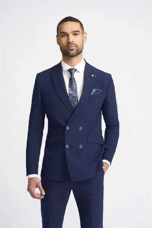 men's formal suit with suspenders -Men's Blazer Navy Double Breasted Tailored Fit Suit Jacket