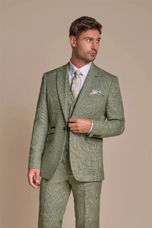 men's checked wool suits -Men's Blazer Sage Green Checked Tailored Fit Formal Suit Jacket