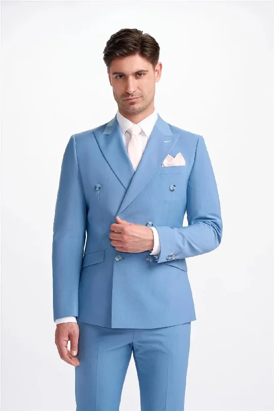 men's office tuxedo suits -Men's Blazer Sky Blue Double Breasted Tailored Fit Formal Suit Jacket