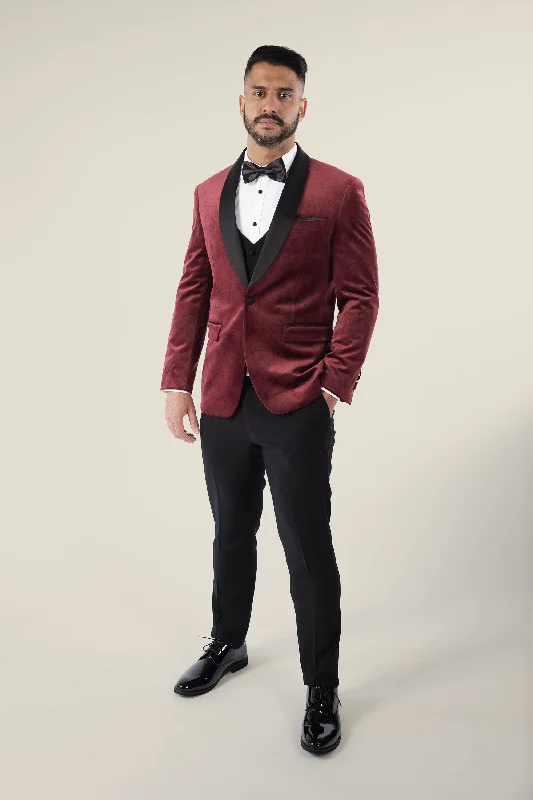 men's summer tuxedo with satin lapel -Mens Burgundy Velvet Tuxedo