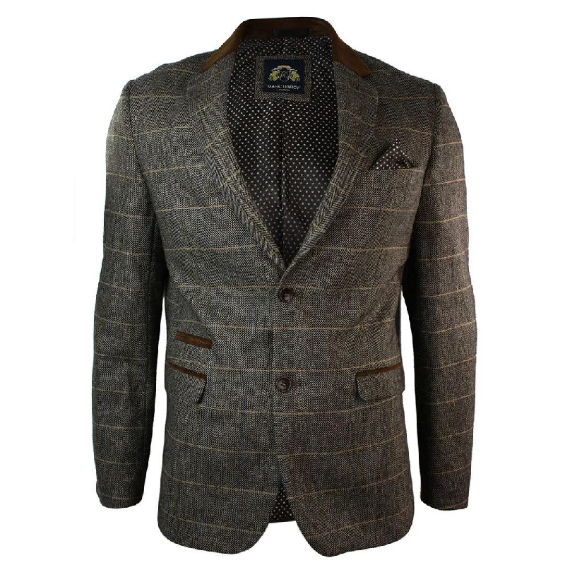 men's wedding tuxedo with trousers -Mens Check Vintage Herringbone Tweed Tan Brown Blazer Jacket Fitted