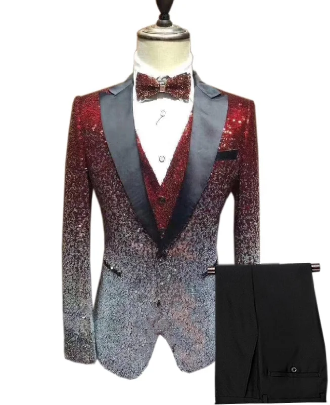 men's dark grey tuxedo for wedding -Men's Fashion Gradient Sequined Tuxedo Suit Peak Lapel Men's Suit (Blazer + Vest + Pants)