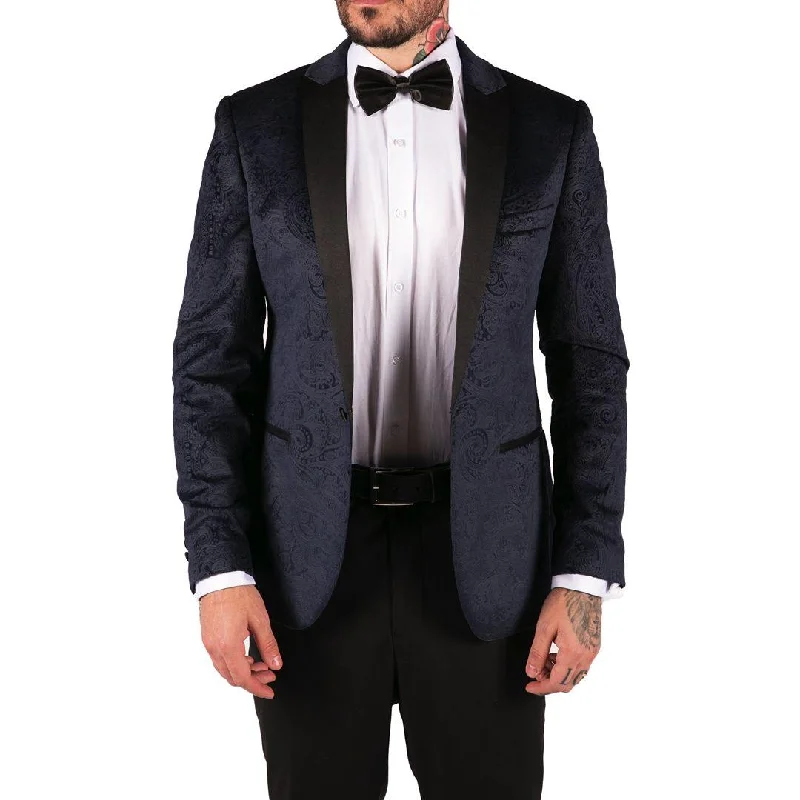 men's grey wool three-piece suit -Mens Marc Darcy Velvet Paisley Blue Black Blazer Tuxedo Dinner Jacket Smart Casual